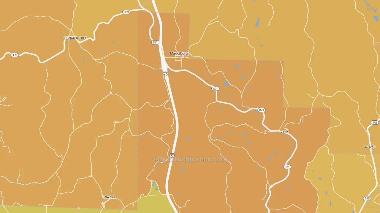 Map of the best neighborhoods in the 45746 area, with better matches in green and worse matches in red