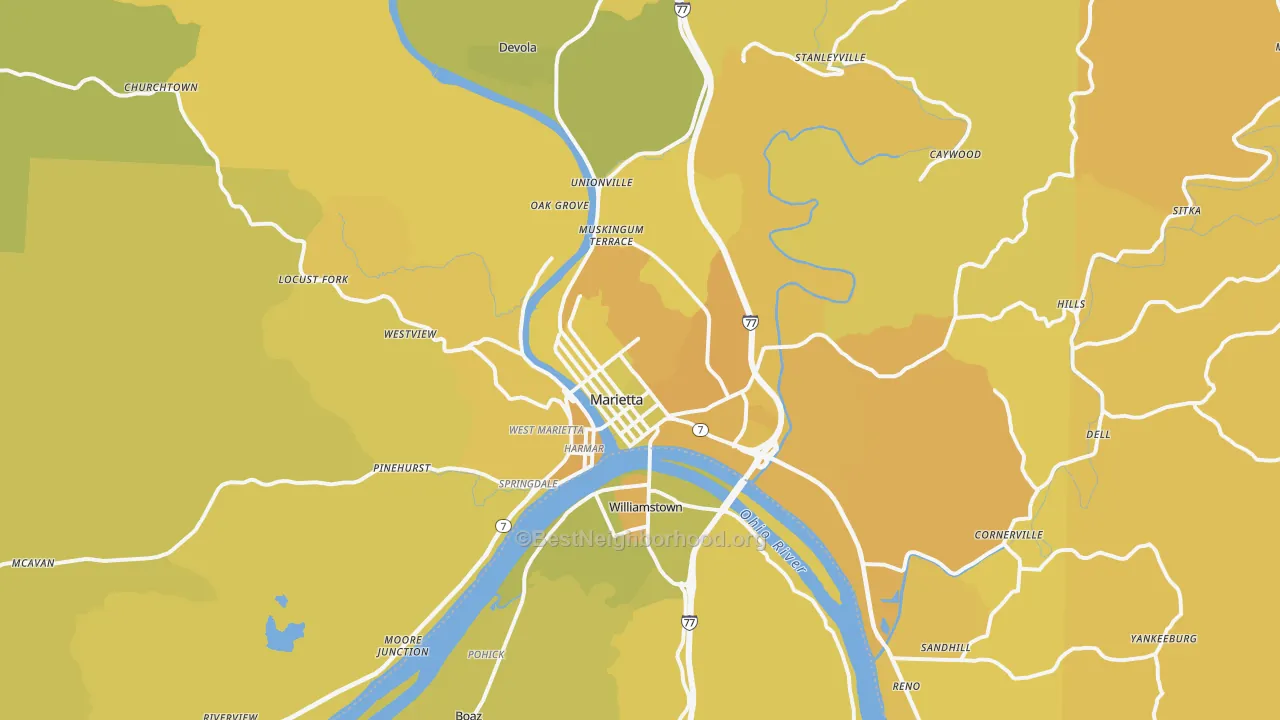 Map of the best neighborhoods in the 45750 area, with better matches in green and worse matches in red
