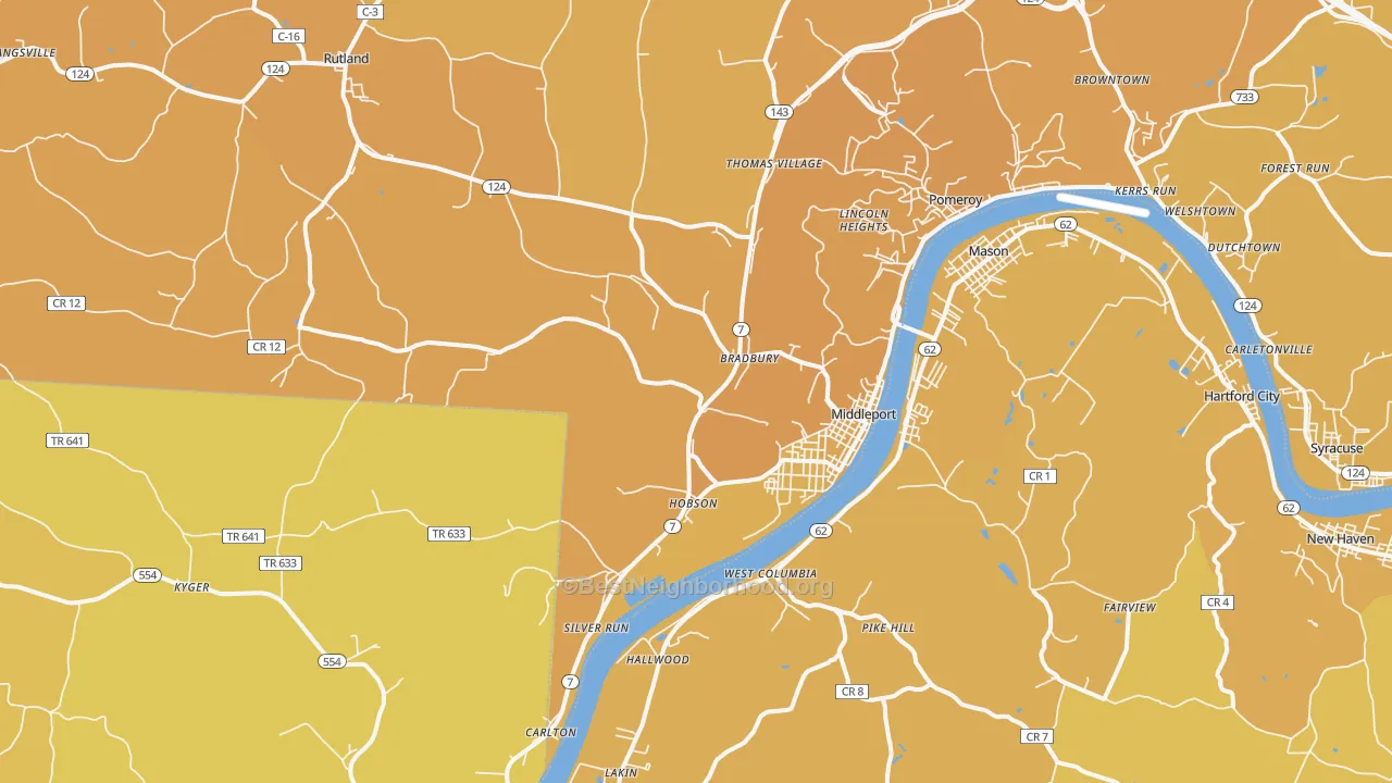 Map of the best neighborhoods in the 45760 area, with better matches in green and worse matches in red