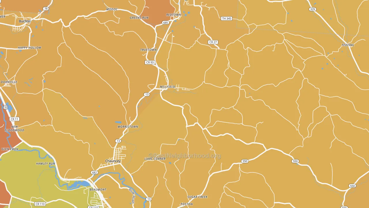 Map of the best neighborhoods in the 45761 area, with better matches in green and worse matches in red