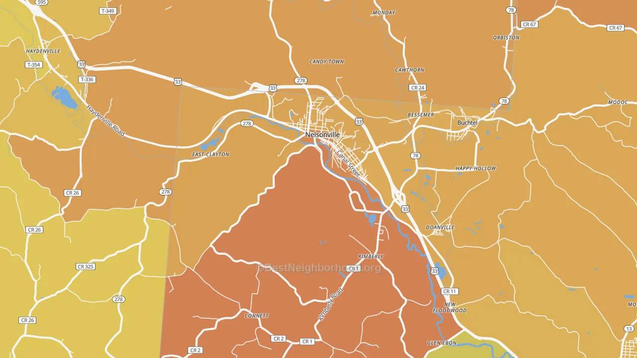 Map of the best neighborhoods in the 45764 area, with better matches in green and worse matches in red