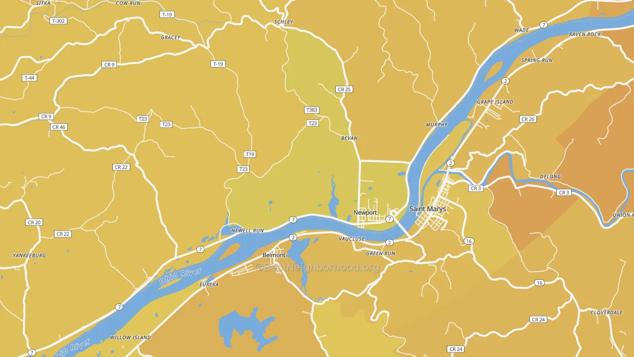 Map of the best neighborhoods in the 45768 area, with better matches in green and worse matches in red