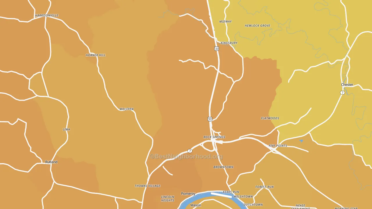 Map of the best neighborhoods in the 45769 area, with better matches in green and worse matches in red