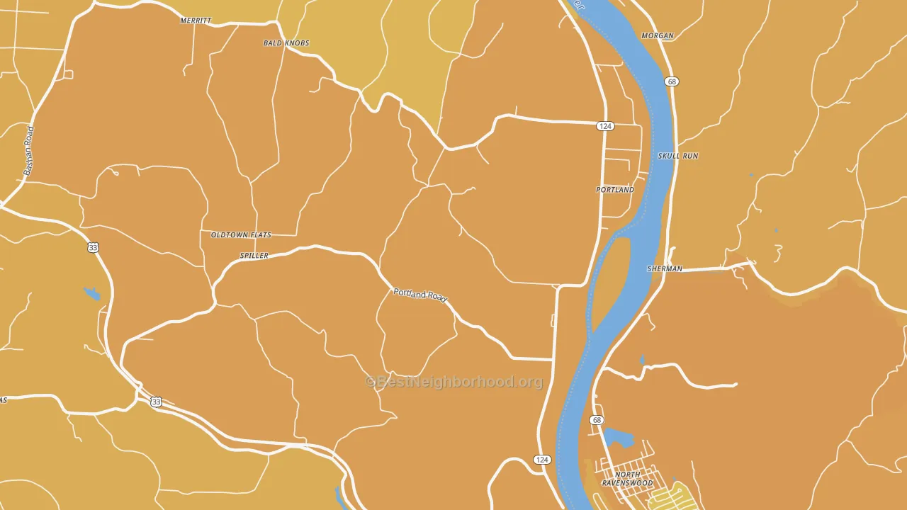 Map of the best neighborhoods in the 45770 area, with better matches in green and worse matches in red