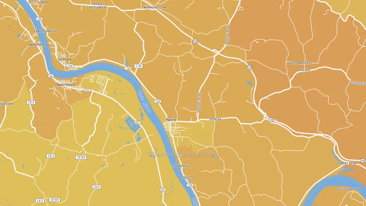 Map of the best neighborhoods in the 45771 area, with better matches in green and worse matches in red