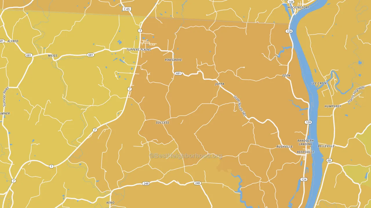 Map of the best neighborhoods in the 45772 area, with better matches in green and worse matches in red