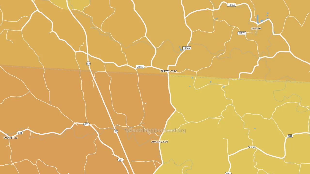 Map of the best neighborhoods in the 45776 area, with better matches in green and worse matches in red