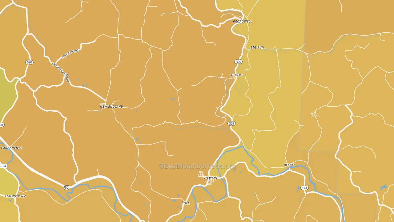 Map of the best neighborhoods in the 45778 area, with better matches in green and worse matches in red