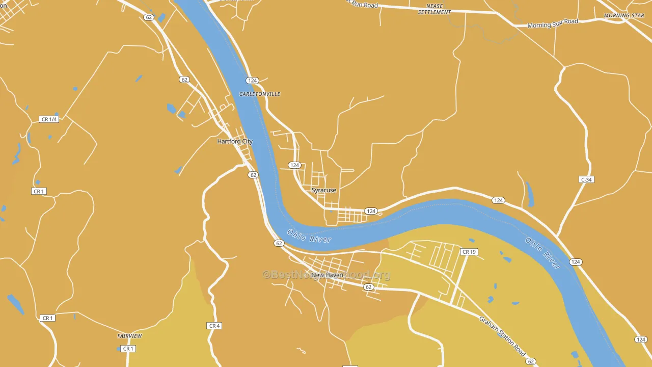 Map of the best neighborhoods in the 45779 area, with better matches in green and worse matches in red