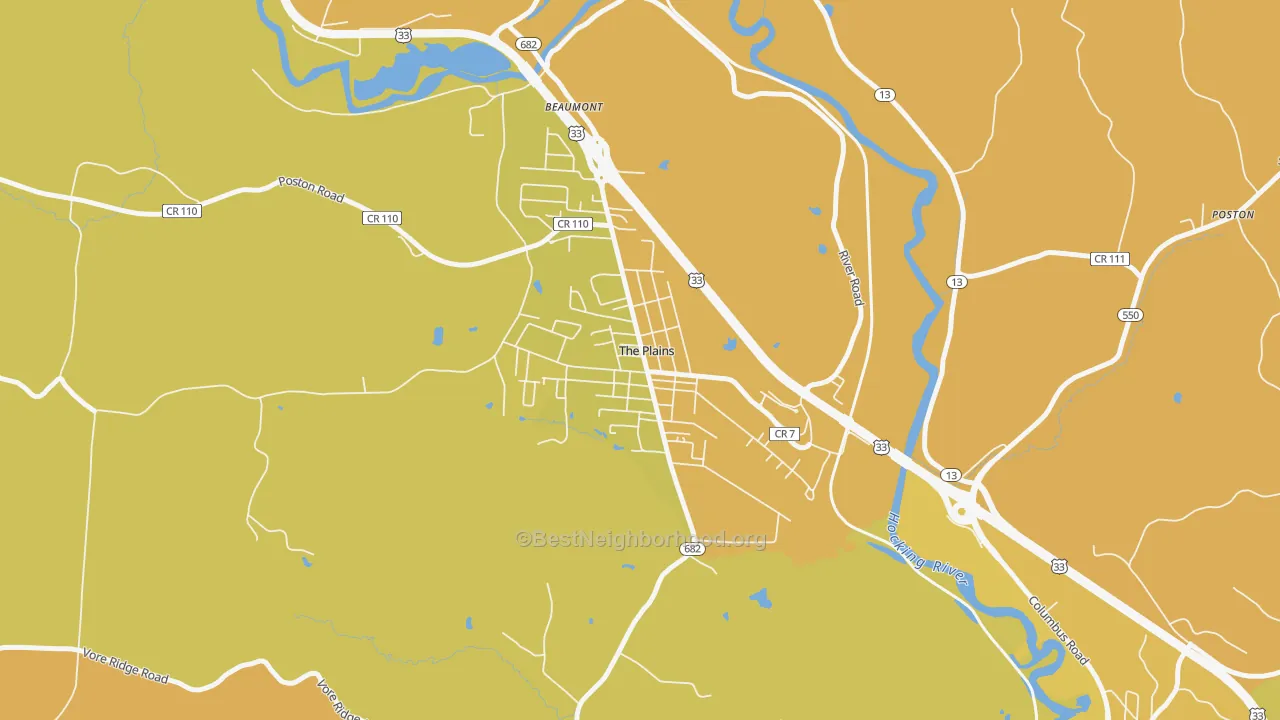 Map of the best neighborhoods in the 45780 area, with better matches in green and worse matches in red