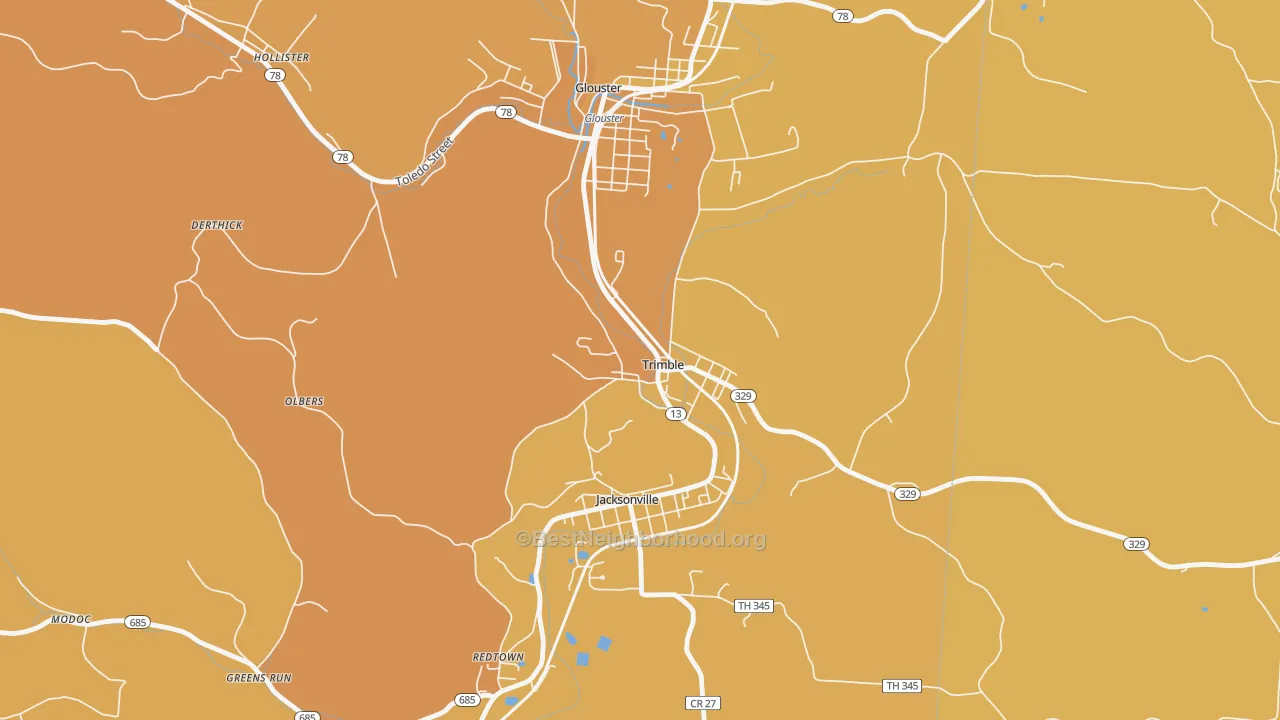 Map of the best neighborhoods in the 45782 area, with better matches in green and worse matches in red