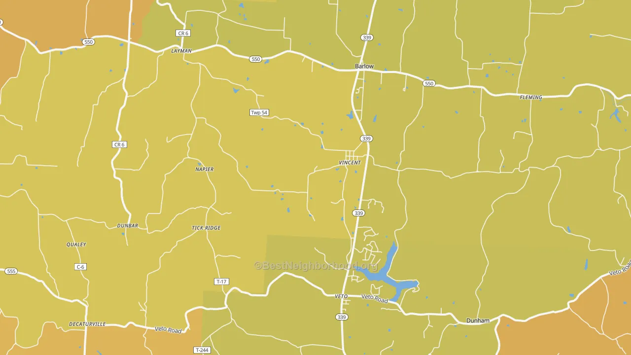 Map of the best neighborhoods in the 45784 area, with better matches in green and worse matches in red