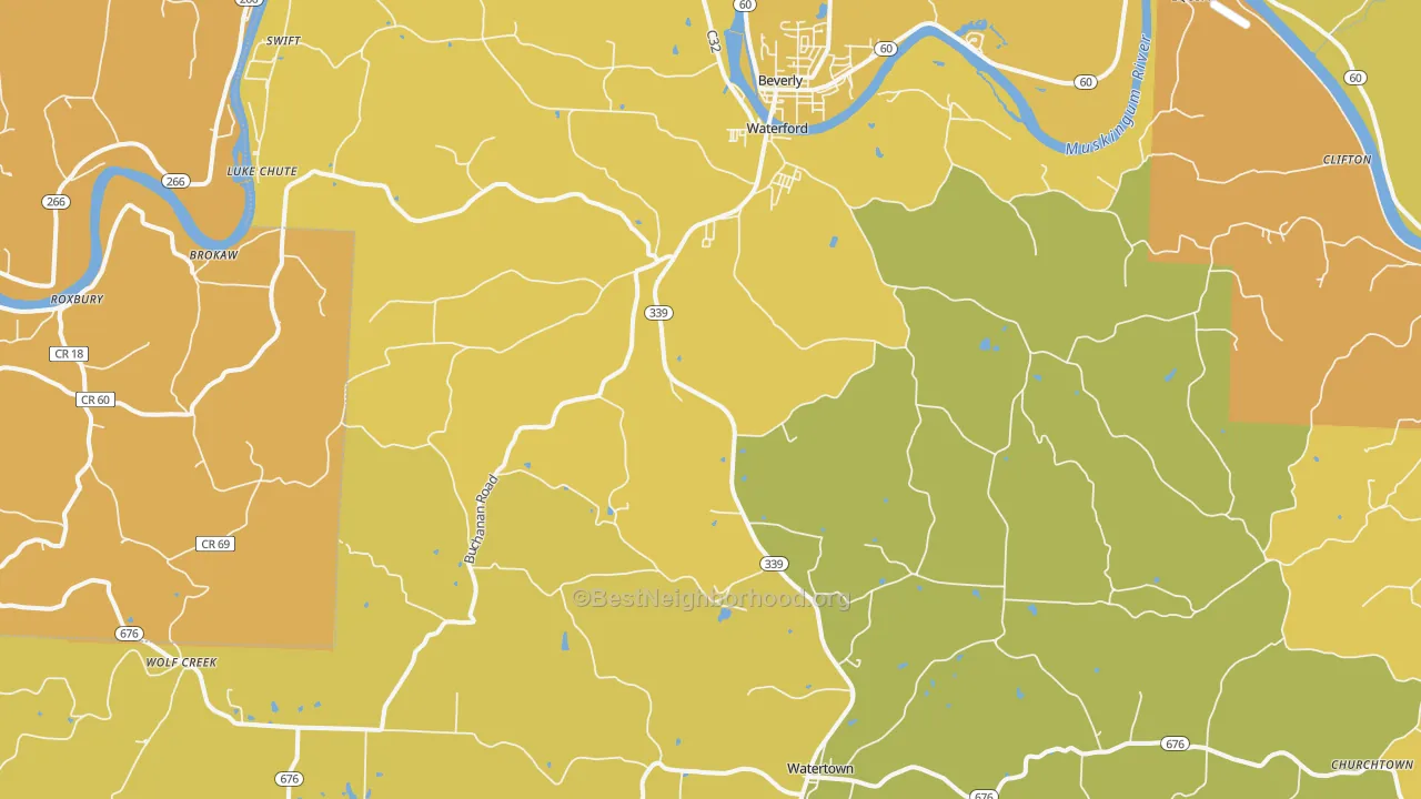 Map of the best neighborhoods in the 45786 area, with better matches in green and worse matches in red