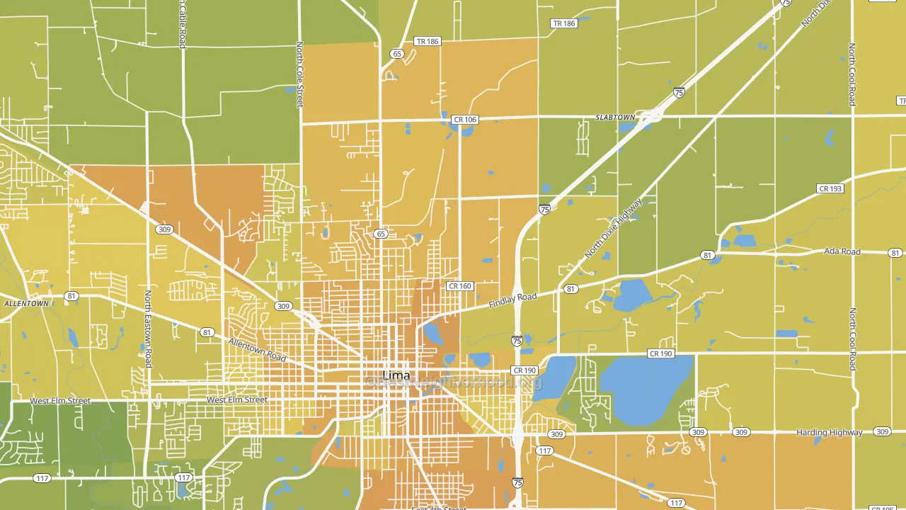 Map of the best neighborhoods in the 45801 area, with better matches in green and worse matches in red