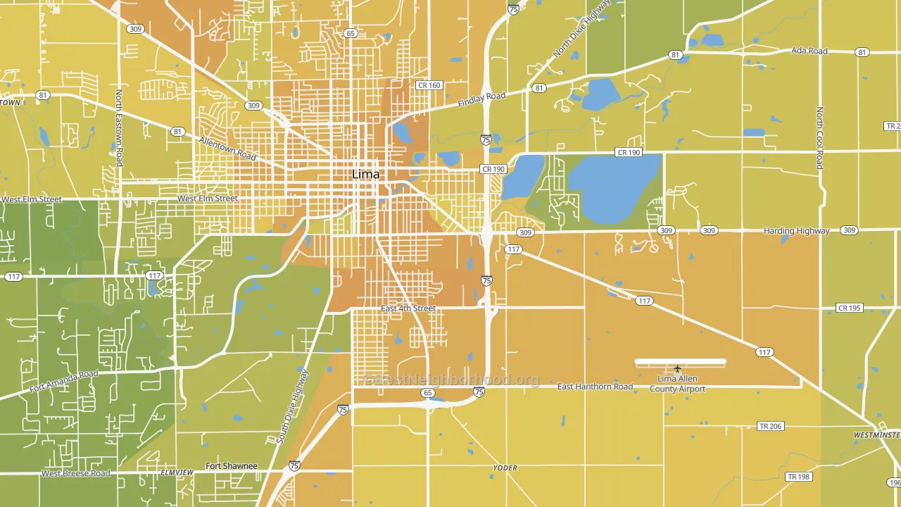 Map of the best neighborhoods in the 45804 area, with better matches in green and worse matches in red