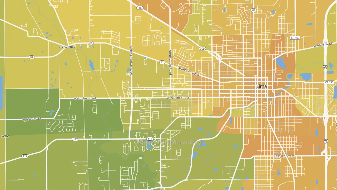 Map of the best neighborhoods in the 45805 area, with better matches in green and worse matches in red