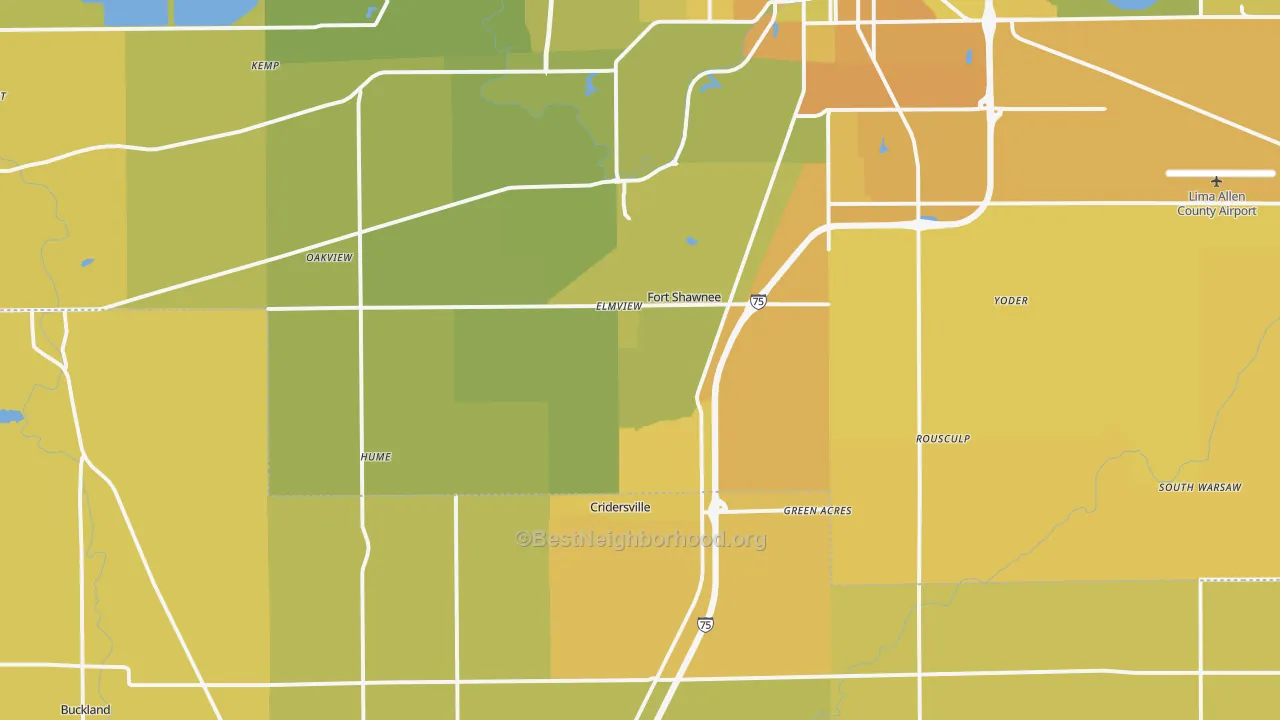 Map of the best neighborhoods in the 45806 area, with better matches in green and worse matches in red