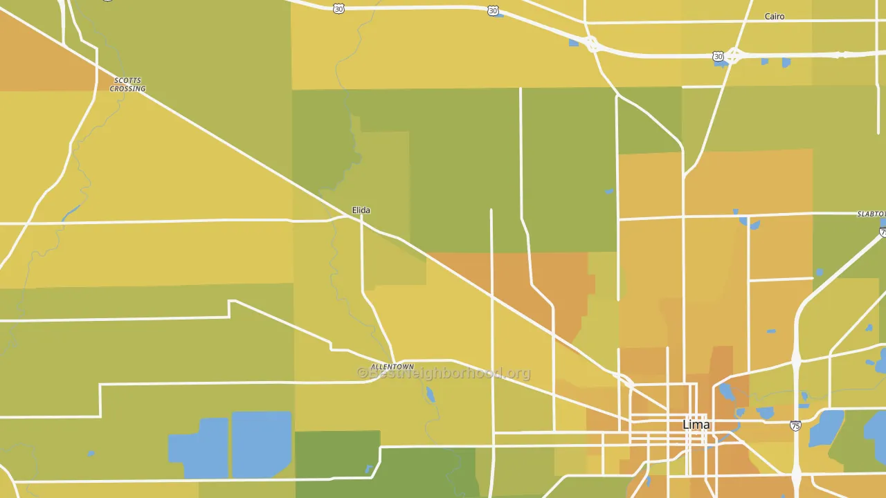 Map of the best neighborhoods in the 45807 area, with better matches in green and worse matches in red