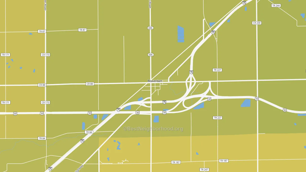 Map of the best neighborhoods in the 45808 area, with better matches in green and worse matches in red