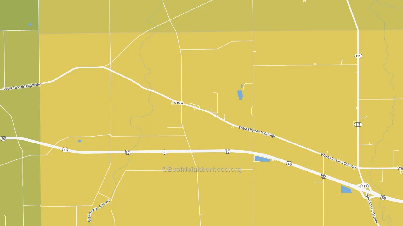 Map of the best neighborhoods in the 45809 area, with better matches in green and worse matches in red