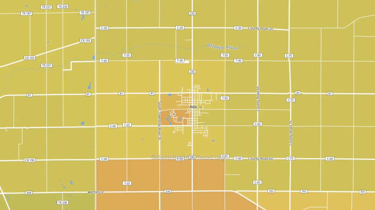 Map of the best neighborhoods in the 45810 area, with better matches in green and worse matches in red
