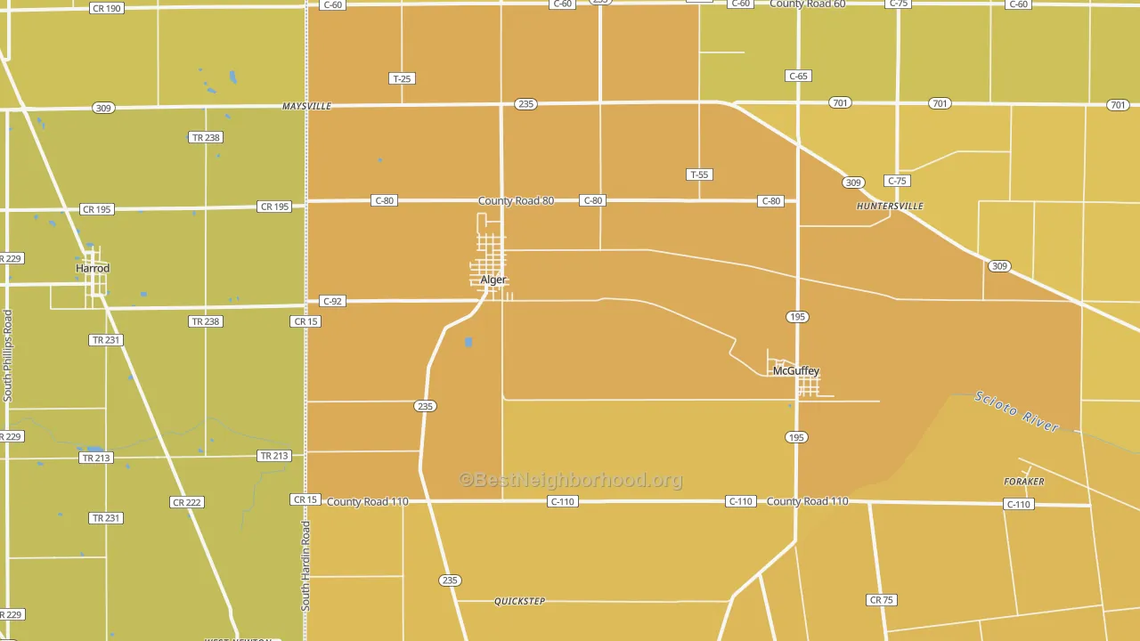 Map of the best neighborhoods in the 45812 area, with better matches in green and worse matches in red