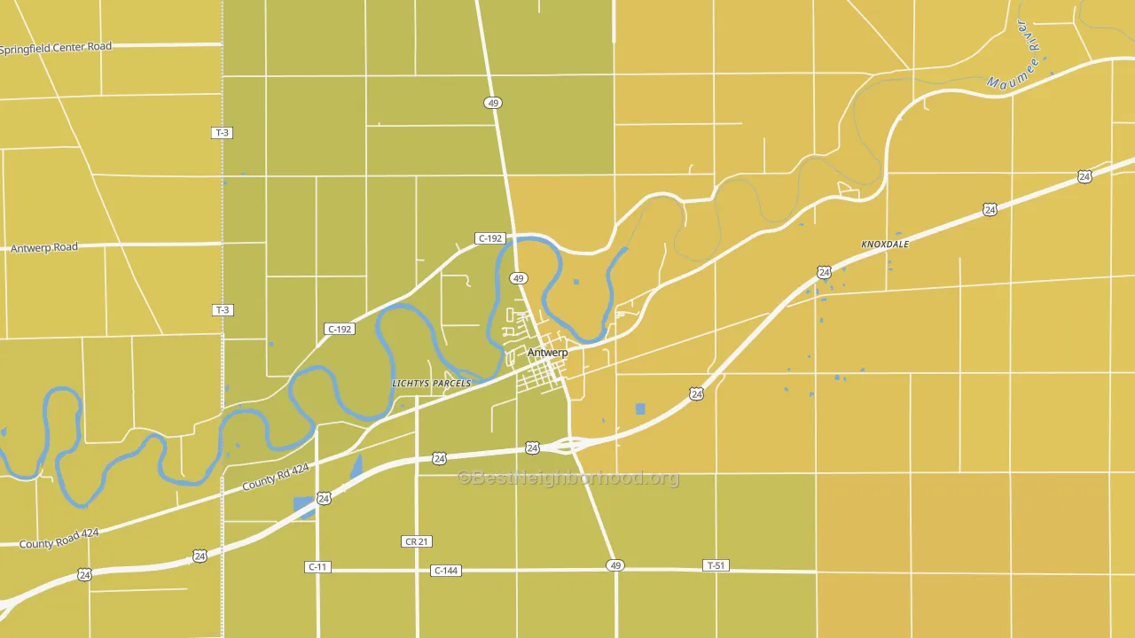 Map of the best neighborhoods in the 45813 area, with better matches in green and worse matches in red