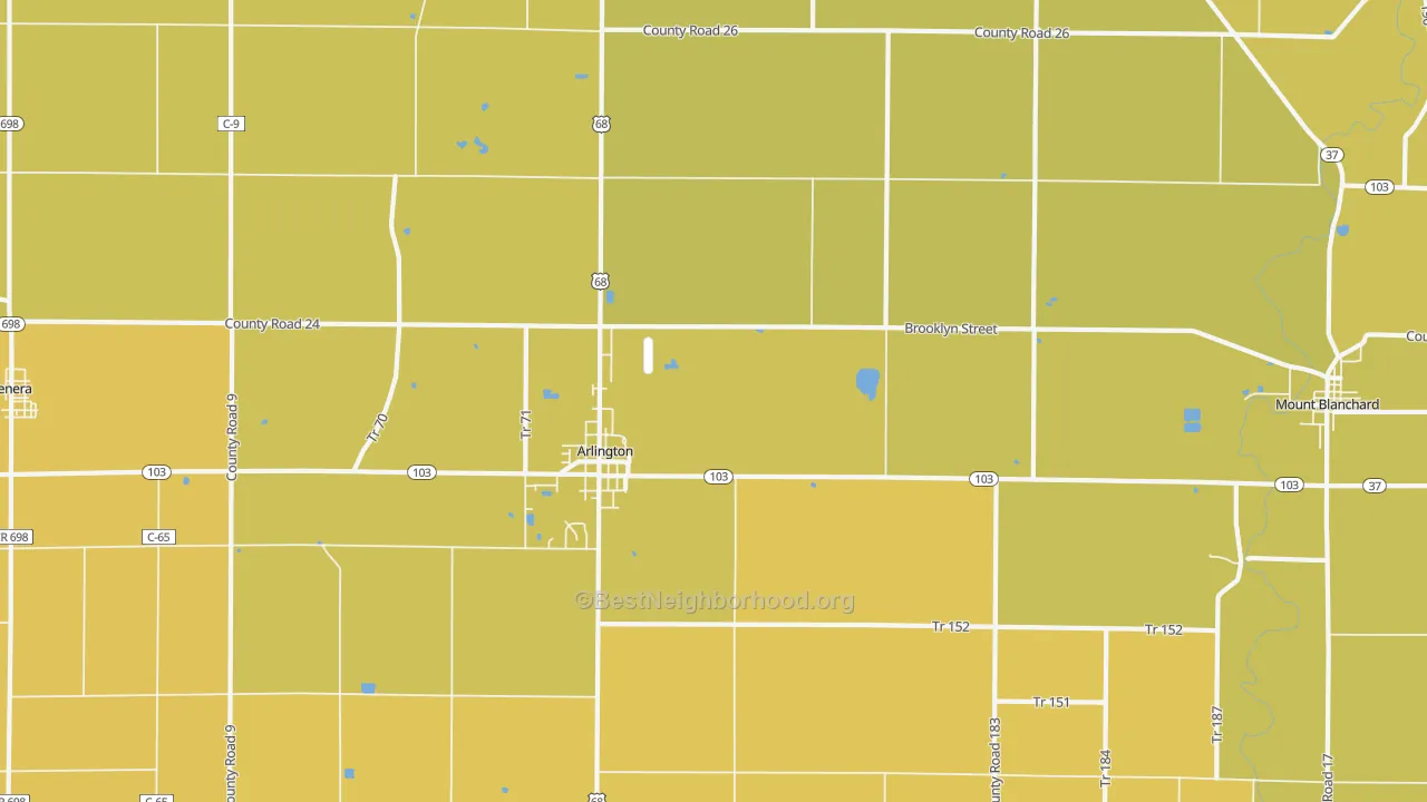 Map of the best neighborhoods in the 45814 area, with better matches in green and worse matches in red