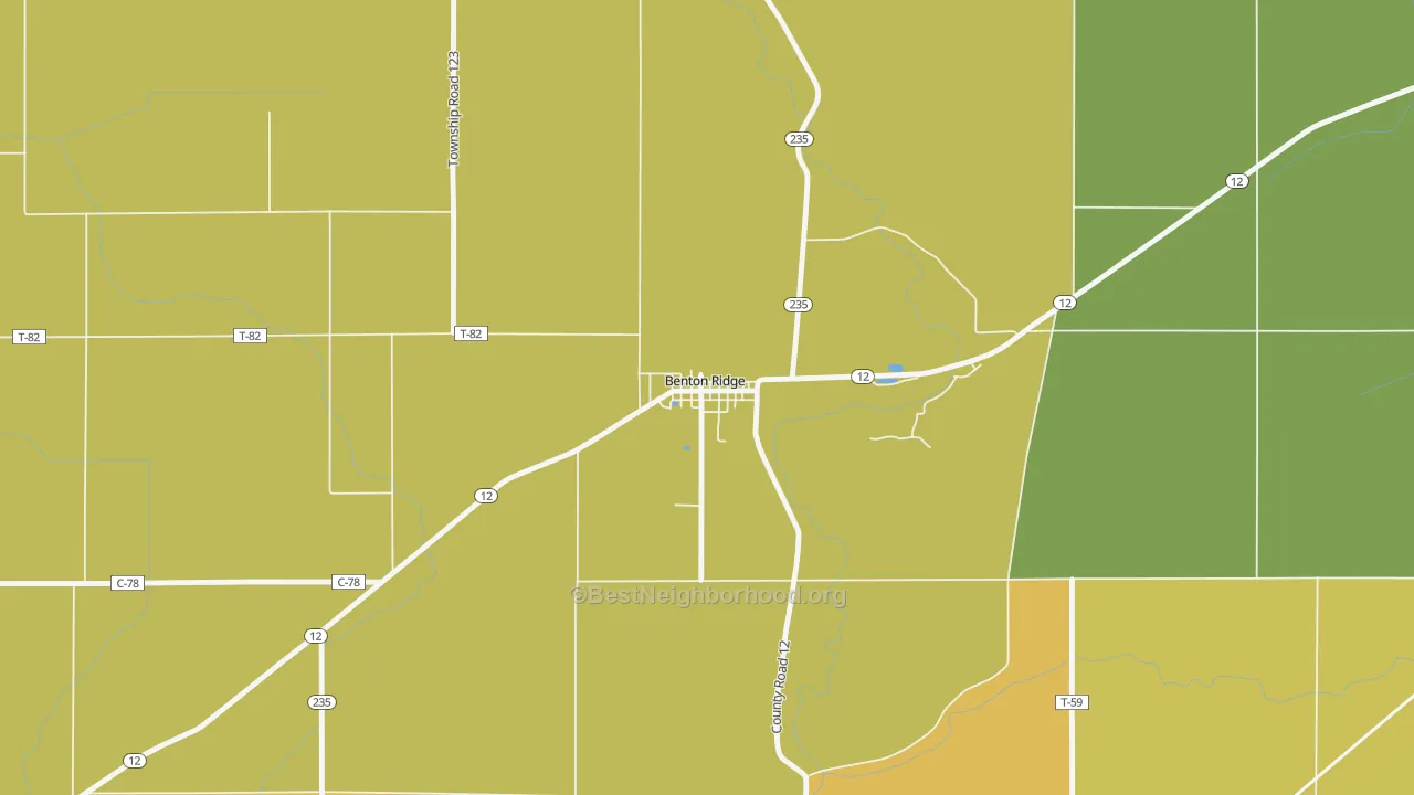 Map of the best neighborhoods in the 45816 area, with better matches in green and worse matches in red