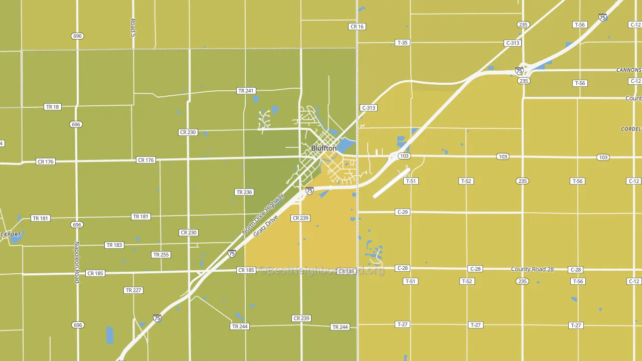 Map of the best neighborhoods in the 45817 area, with better matches in green and worse matches in red
