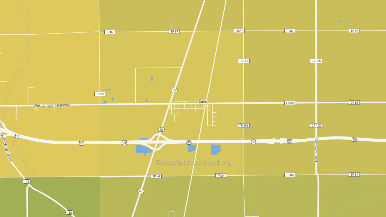 Map of the best neighborhoods in the 45820 area, with better matches in green and worse matches in red