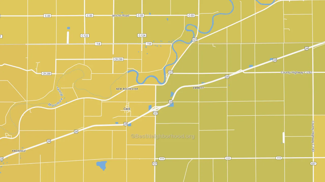 Map of the best neighborhoods in the 45821 area, with better matches in green and worse matches in red