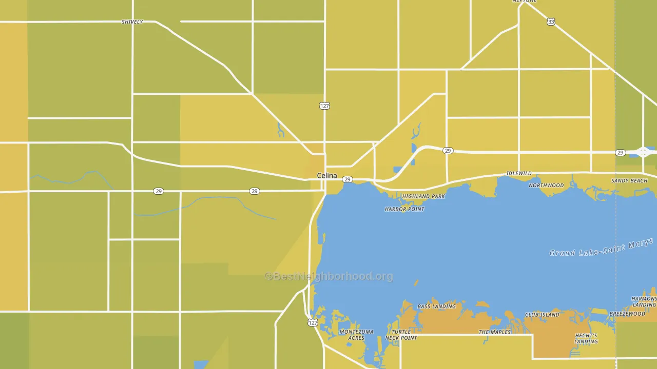 Map of the best neighborhoods in the 45822 area, with better matches in green and worse matches in red