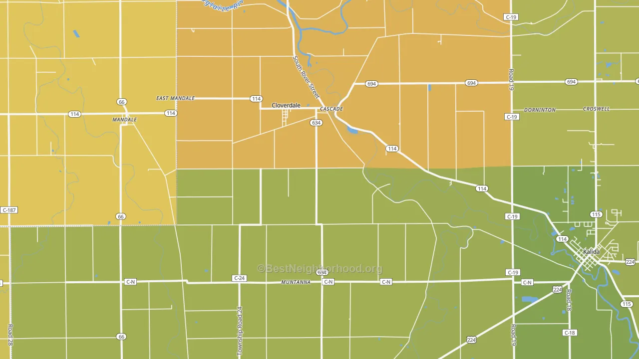 Map of the best neighborhoods in the 45827 area, with better matches in green and worse matches in red
