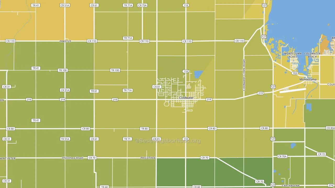 Map of the best neighborhoods in the 45828 area, with better matches in green and worse matches in red