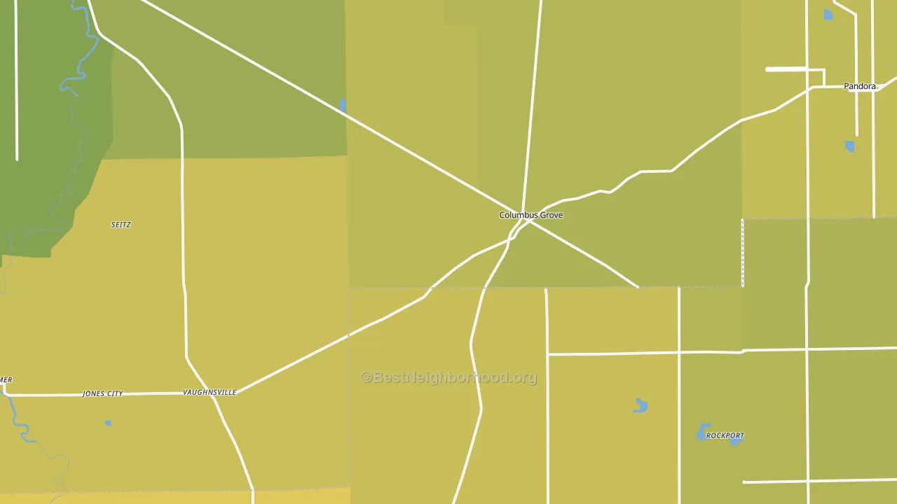 Map of the best neighborhoods in the 45830 area, with better matches in green and worse matches in red