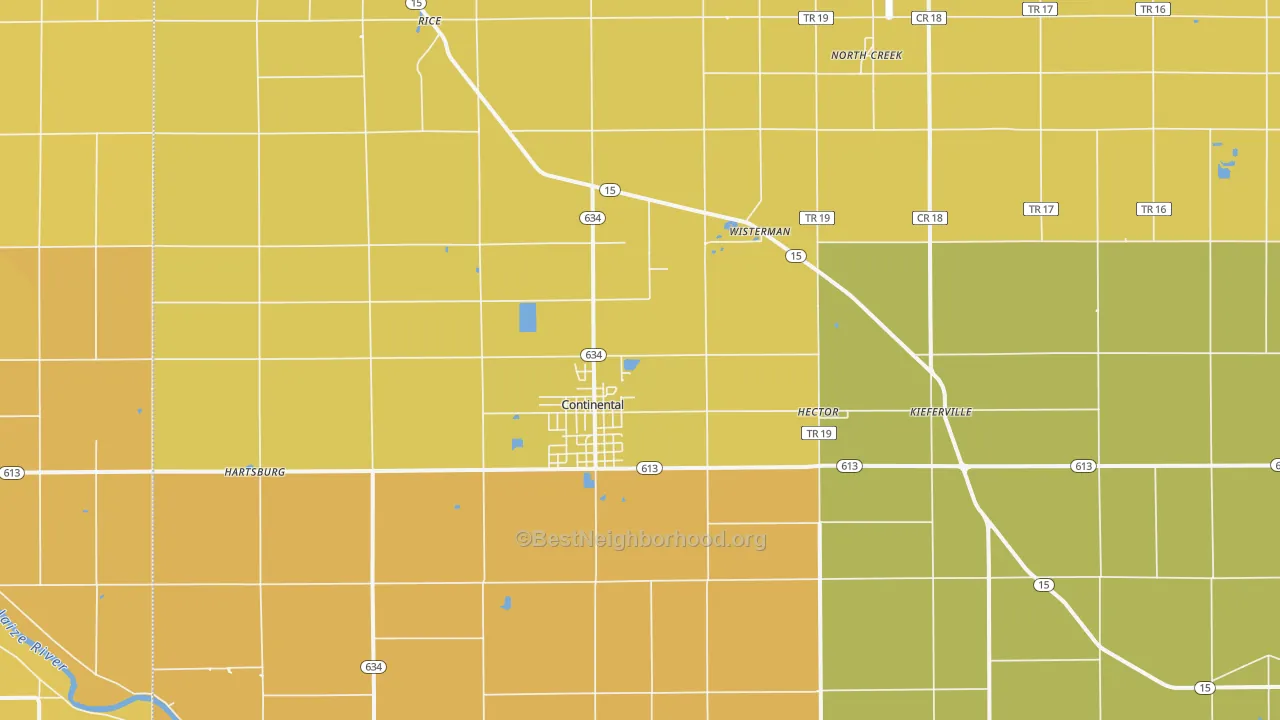 Map of the best neighborhoods in the 45831 area, with better matches in green and worse matches in red