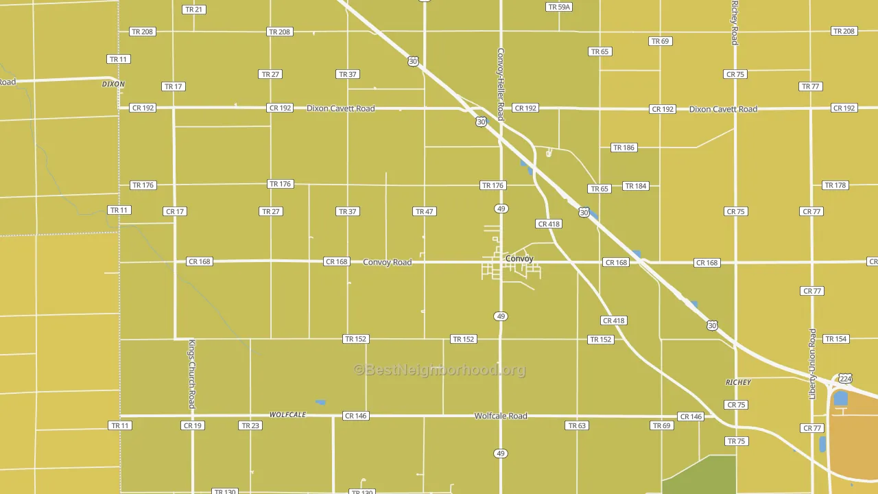 Map of the best neighborhoods in the 45832 area, with better matches in green and worse matches in red