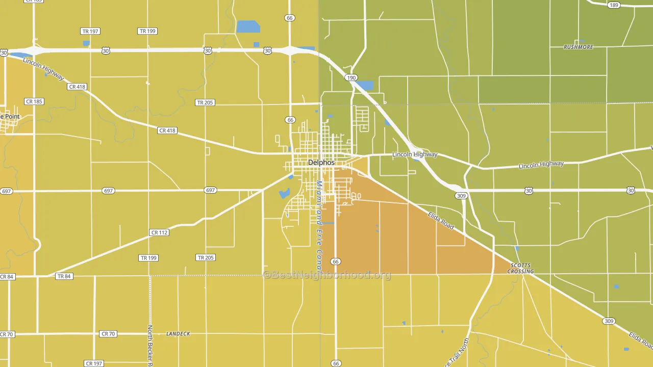 Map of the best neighborhoods in the 45833 area, with better matches in green and worse matches in red