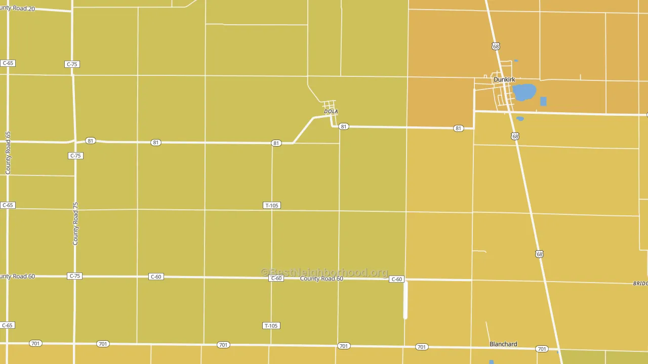 Map of the best neighborhoods in the 45835 area, with better matches in green and worse matches in red