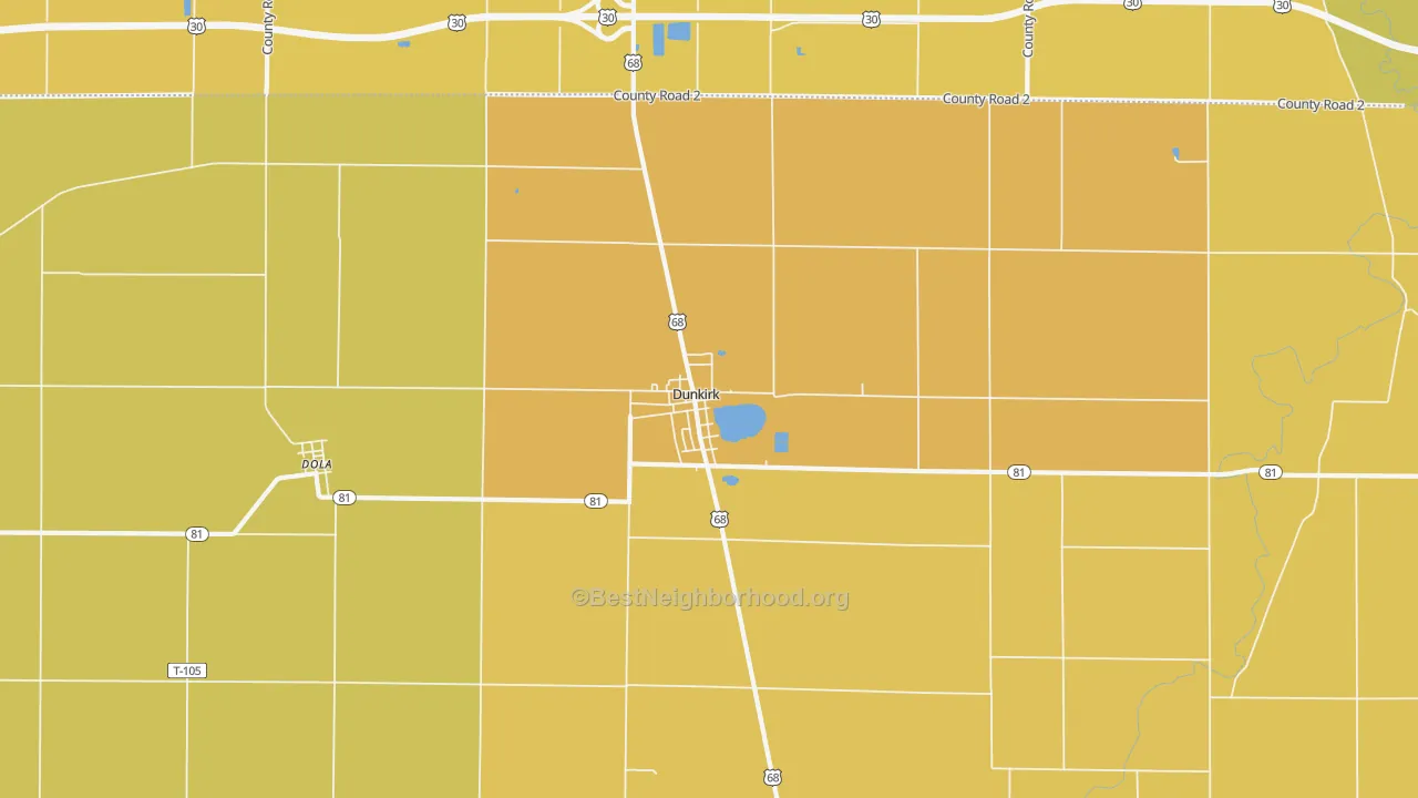 Map of the best neighborhoods in the 45836 area, with better matches in green and worse matches in red
