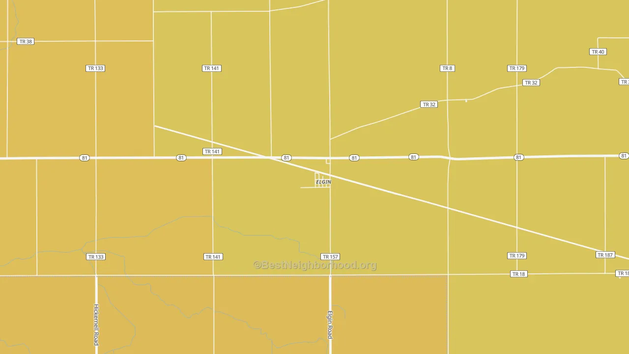 Map of the best neighborhoods in the 45838 area, with better matches in green and worse matches in red