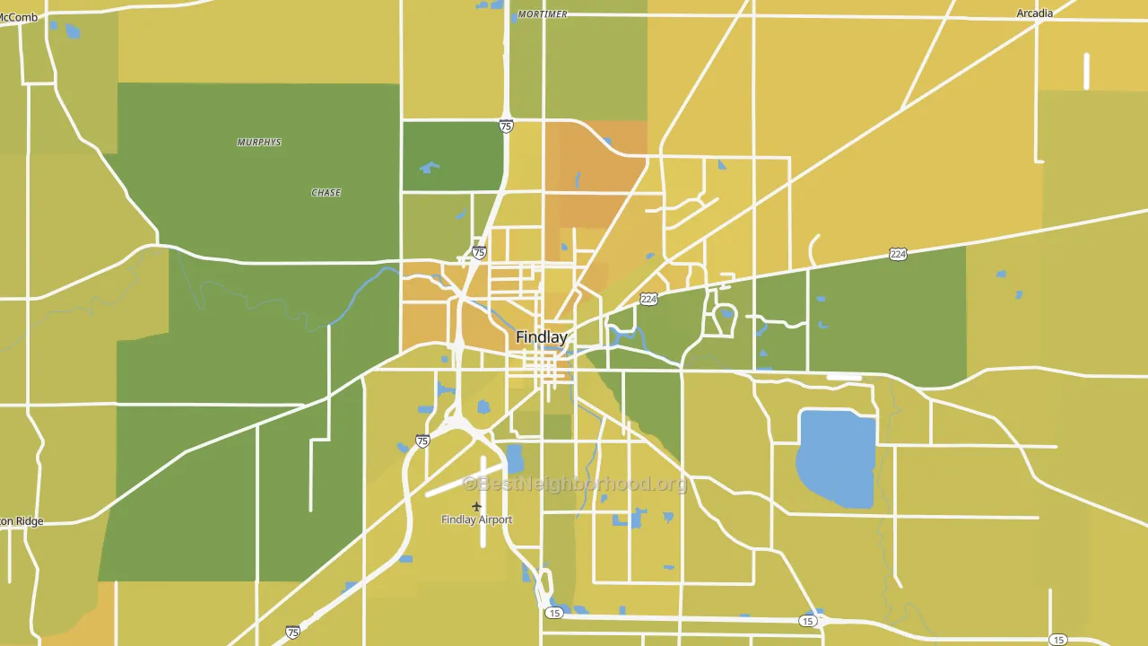 Map of the best neighborhoods in the 45840 area, with better matches in green and worse matches in red