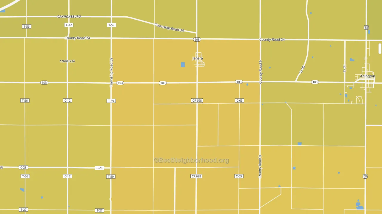 Map of the best neighborhoods in the 45841 area, with better matches in green and worse matches in red