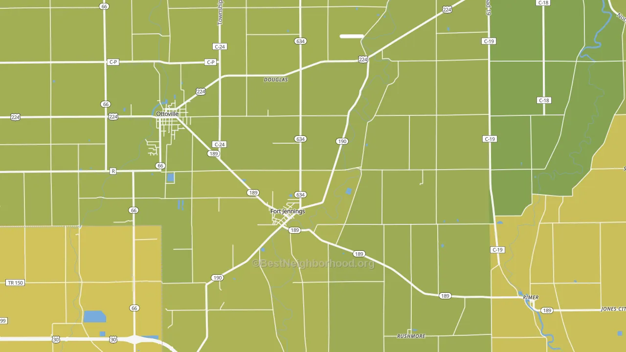 Map of the best neighborhoods in the 45844 area, with better matches in green and worse matches in red