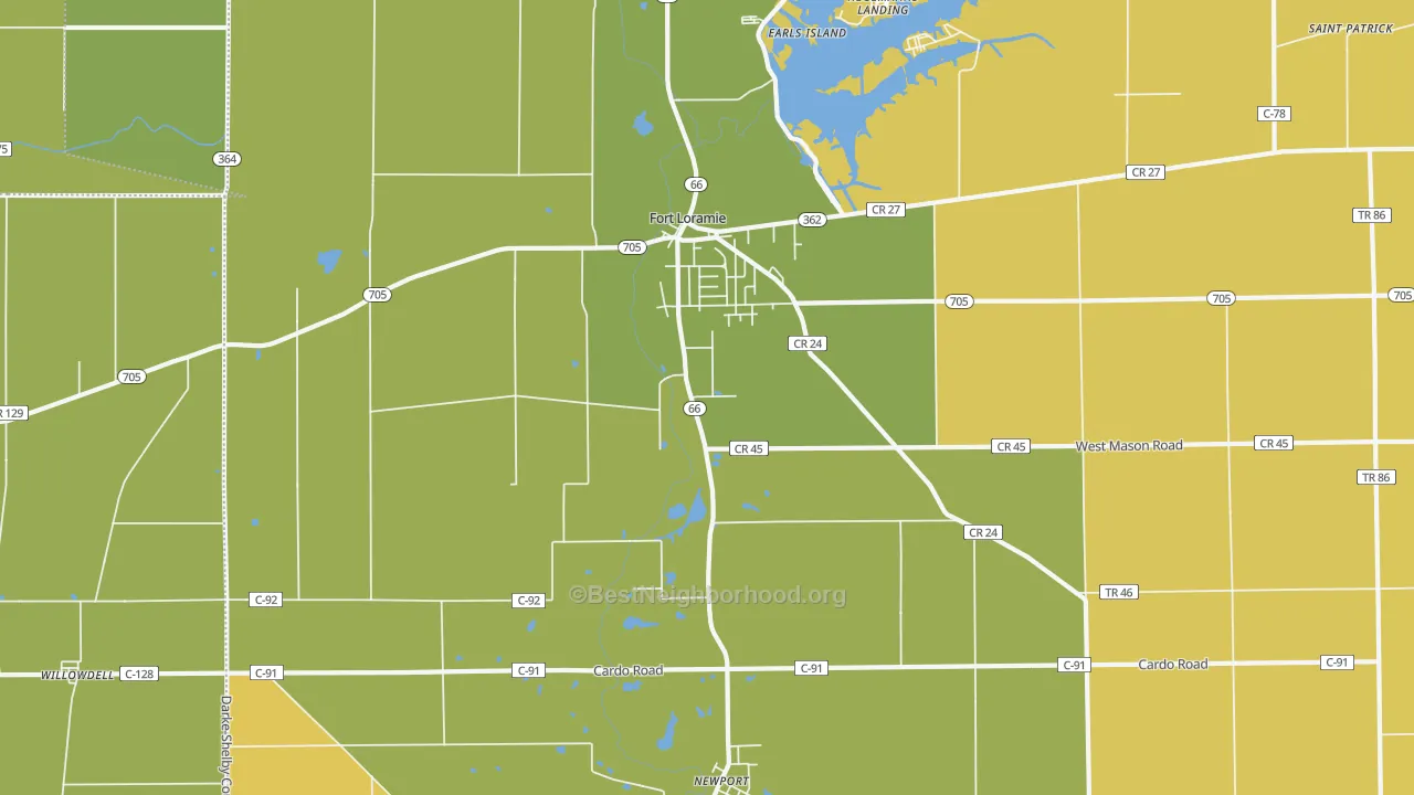 Map of the best neighborhoods in the 45845 area, with better matches in green and worse matches in red