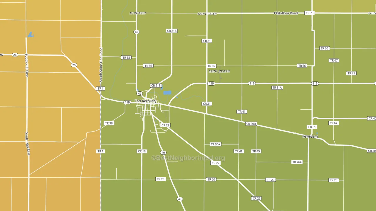 Map of the best neighborhoods in the 45846 area, with better matches in green and worse matches in red
