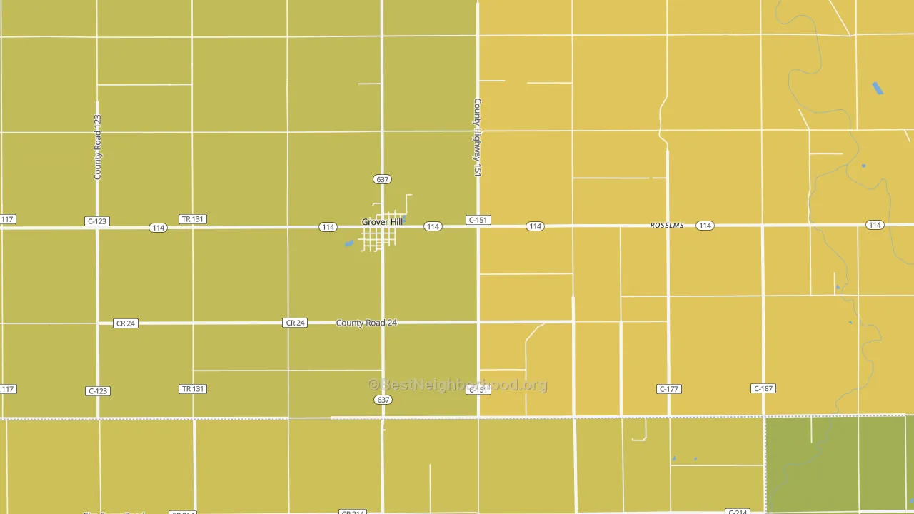 Map of the best neighborhoods in the 45849 area, with better matches in green and worse matches in red