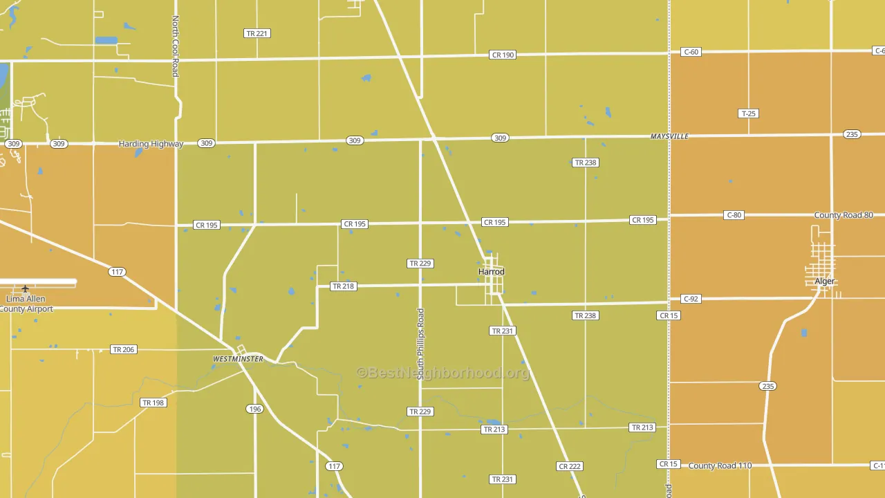 Map of the best neighborhoods in the 45850 area, with better matches in green and worse matches in red