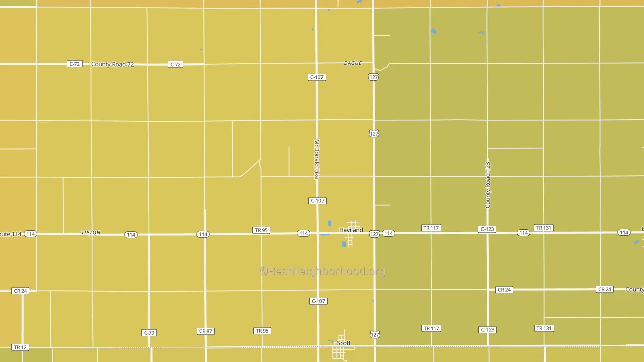 Map of the best neighborhoods in the 45851 area, with better matches in green and worse matches in red
